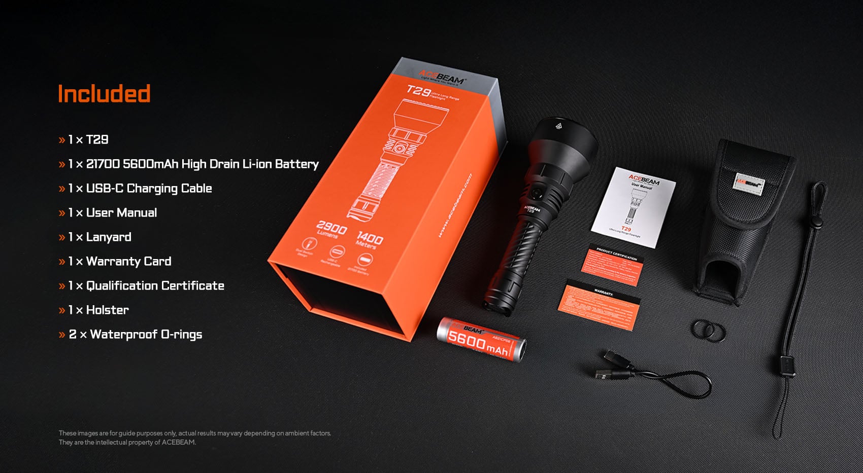 כלול- Acebeam T29, סוללה, כבל USB-C, מדריך למשתמש, חוט לאחיזה, תעודת אחריות, בקרת איכות, מדריך למשתמש, מעמד,2 Orings