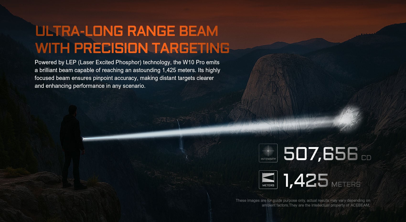 Acebeam W10 Pro מספק אלומה ממוקדת ביותר שיכולה להגיע למרחקים מרשימים, ומציעה התמקדות מדויקת יותר במטרות באזורים מרוחקים או נרחבים.