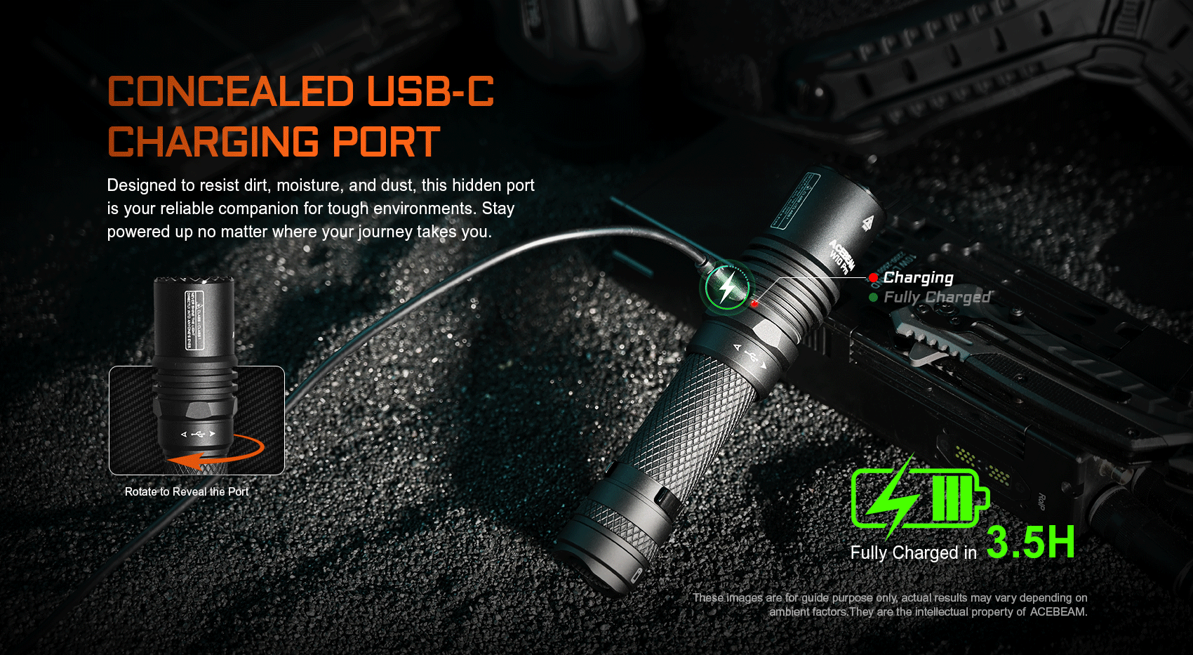 טעינה מחדש באמצעות יציאת USB-C נסתרת תוך 3.5 שעות בלבד.
