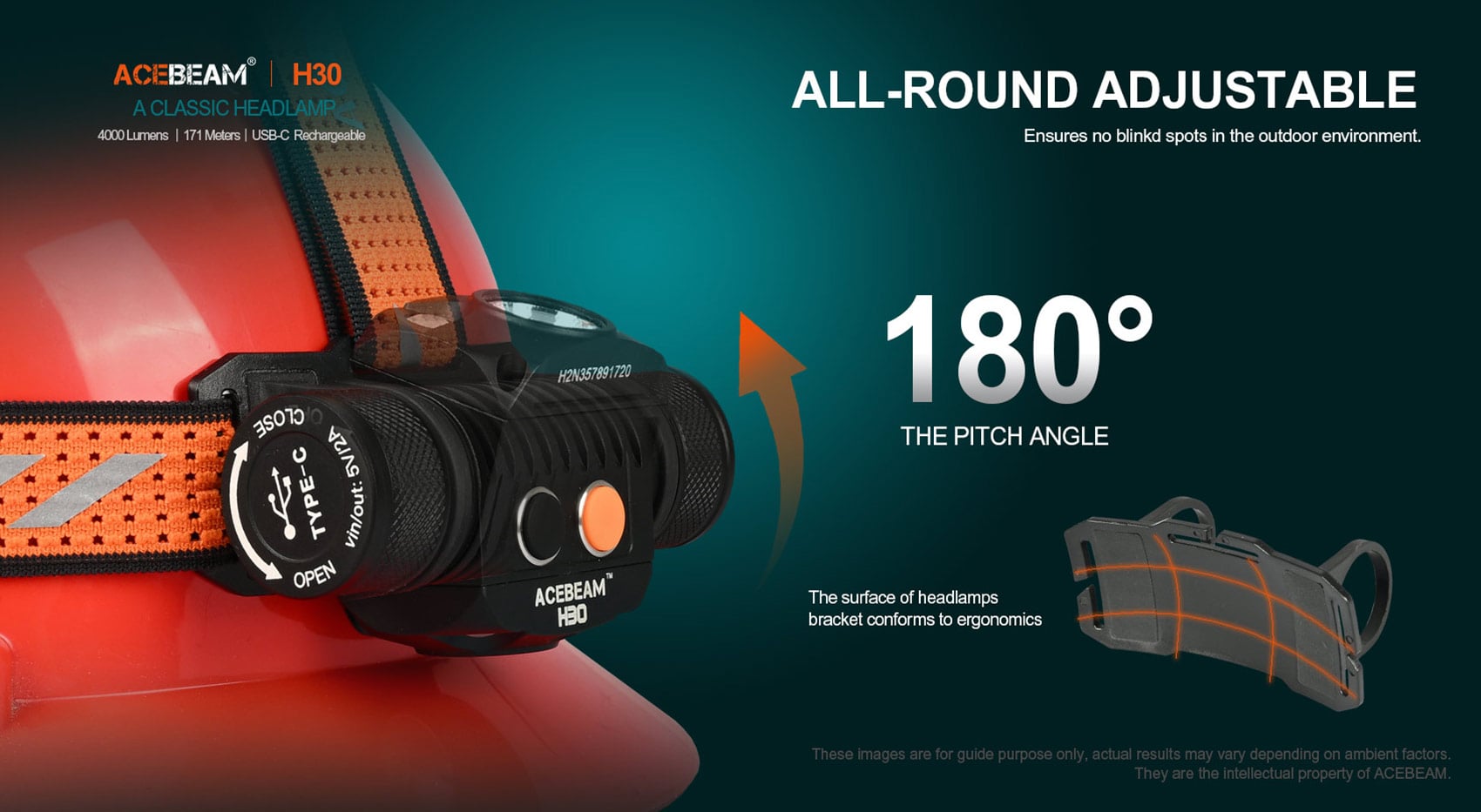 Acebeam H30 מכיל מנגנון הטיה של 180° המאפשר לכוון את אלומה בדיוק לאן שצריך.