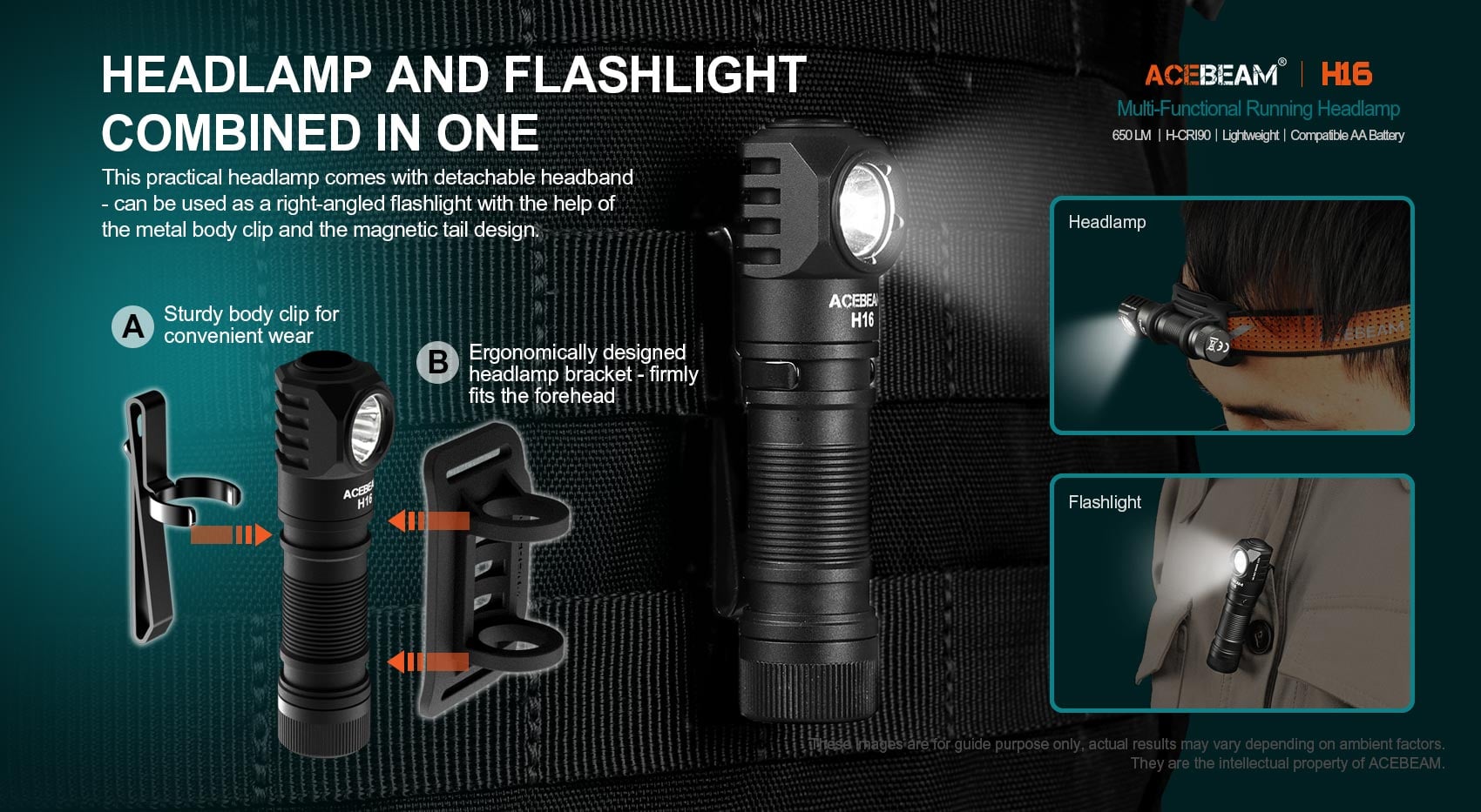 Acebeam H16 הוא פנס ראש משולב עם פנס יד