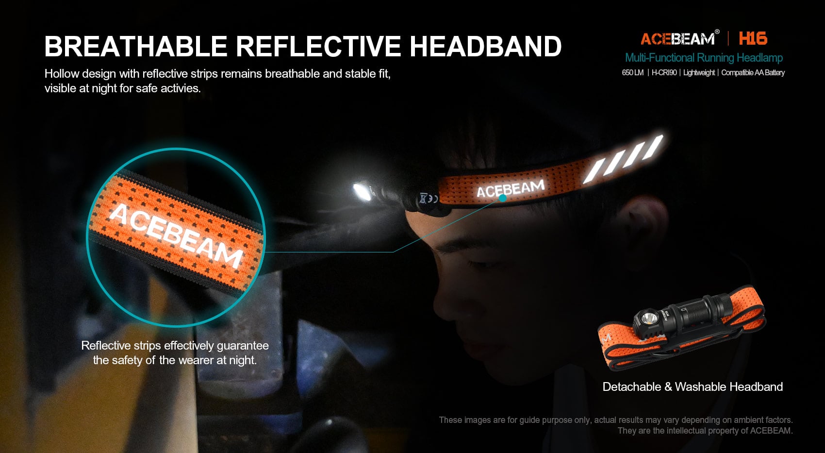 Acebeam H16 מחובר לרצועת ראש מחזירת אור ונושמת עיצוב חלול עם פסים מחזירי אור השומר על אוורור והתאמה יציבה, ונראה בלילה לפעילות בטוחה.