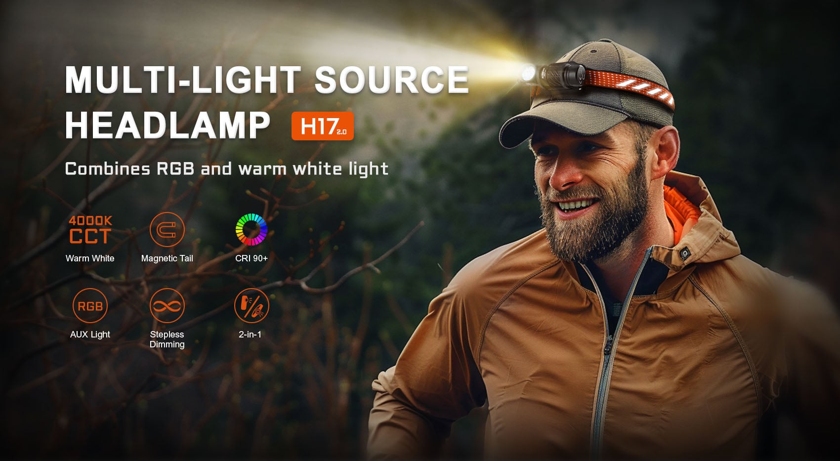 פנס ראש עם מגוון מקורות אור ושילוב של RGB ואור לבן חם Acebeam H17