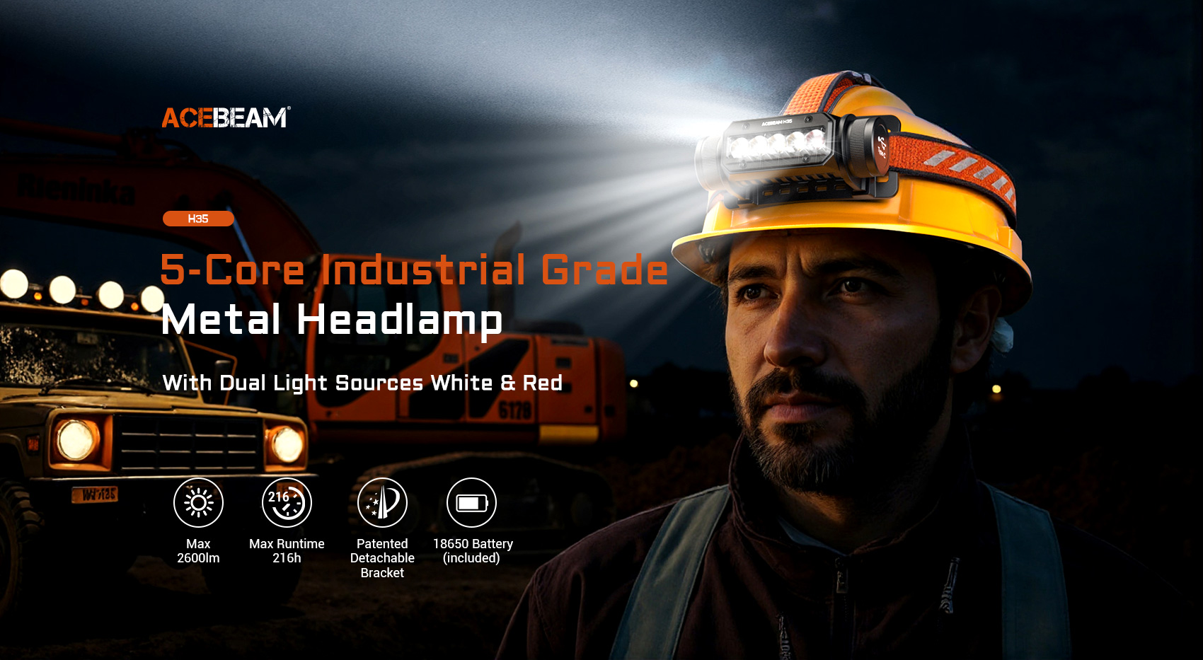 Acebeam H35 פנס ראש עם 5 נורות ומקורות אור לבן ואדום