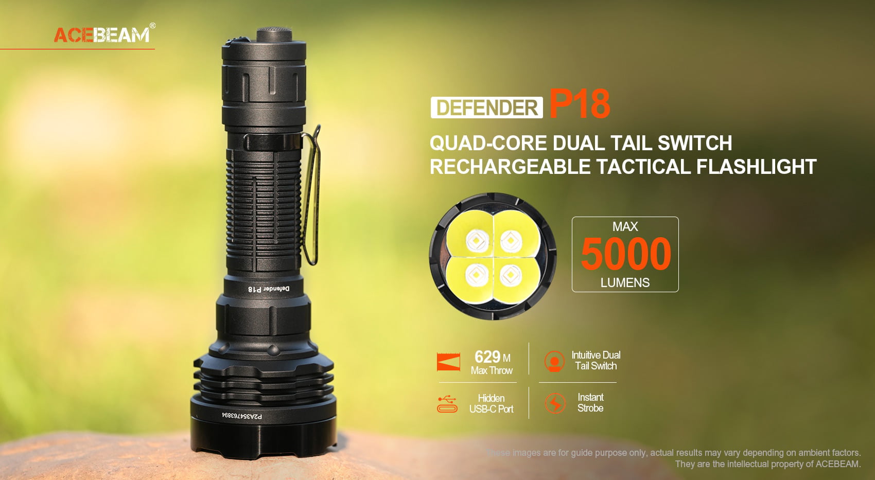 Acebeam P18 הוא פנס טקטי נטען, בהיר ועוצמתי מאוד, בעל ארבע נורות ומתג זנב כפול (Tail Switch), המפיק עוצמה מרשימה של 5,000 לומן ומרחק הארה של 629 מטרים.