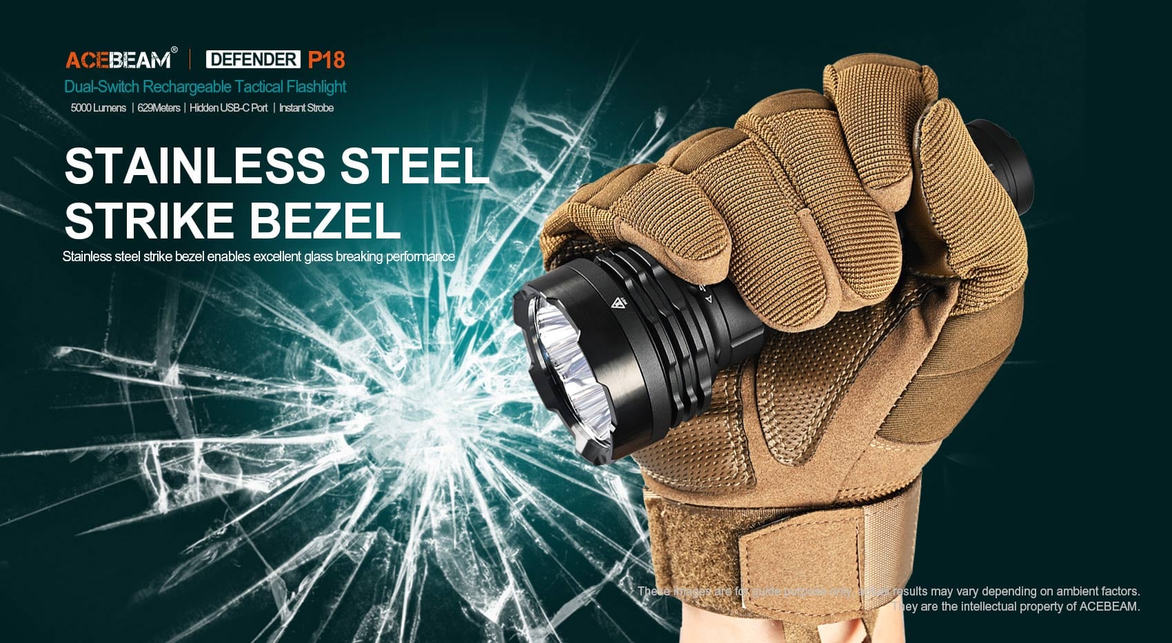 כתר תקיפה מפלדת אל-חלד כחלק מראש הפנס Acebeam P18 המאפשר ביצועים מצוינים לשבירת זכוכיות.