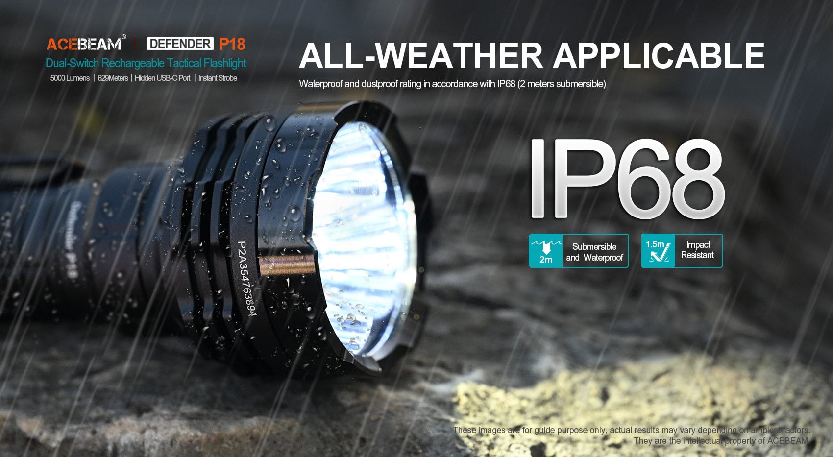דירוג עמידות למים ולאבק IP68. Acebeam P18 ניתן להטבעה במים עד לעומק של 2 מטרים למשך עד 30 דקות.