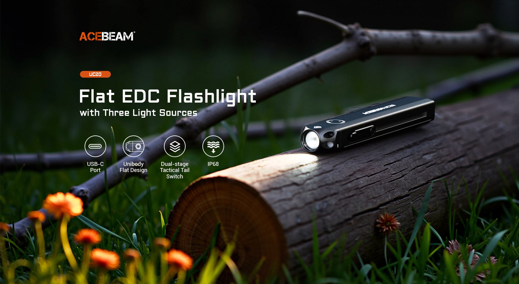 הפנס Acebeam UC20 שטוח ומותאם לנשיאה יומיומית עם 3 מקורות אור