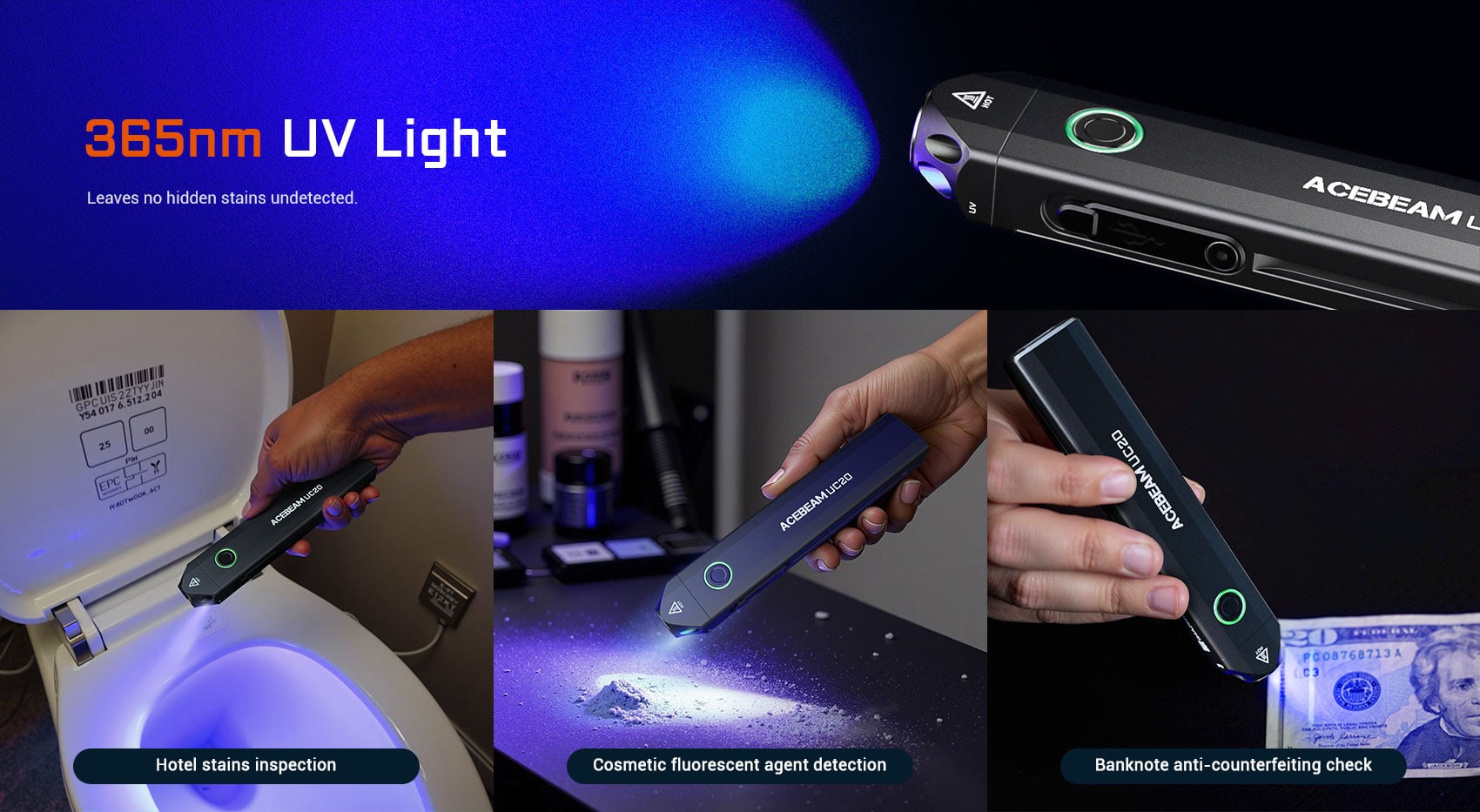 אור 365nm UV מאפשר לזהות כתמים שקשה למצוא בעין רגילה.