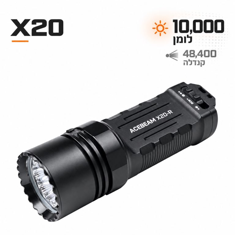 פנס טקטי עוצמתי X20- מבט כללי עם נתוני עוצמות