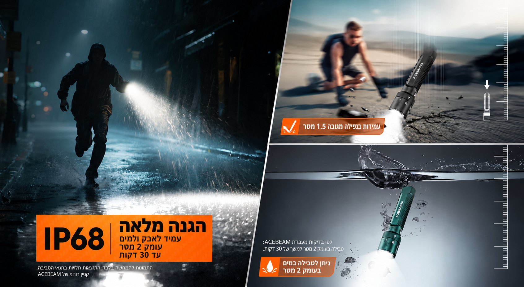 ACEBEAM K1 – עמידות במים ובנפילה – בעברית