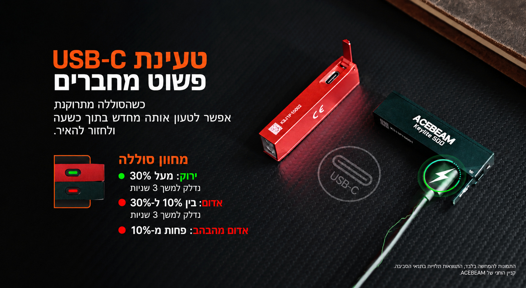 Keylite 500 – טעינה ומחוון סוללה – בעברית