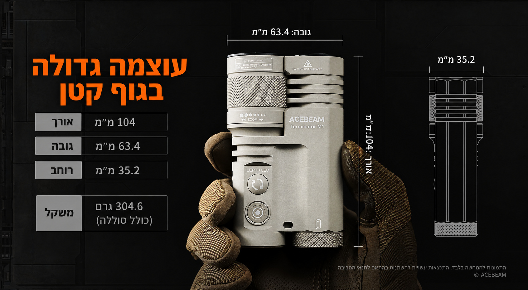 Acebeam M1 – מידות ומשקל בגרמים בעברית