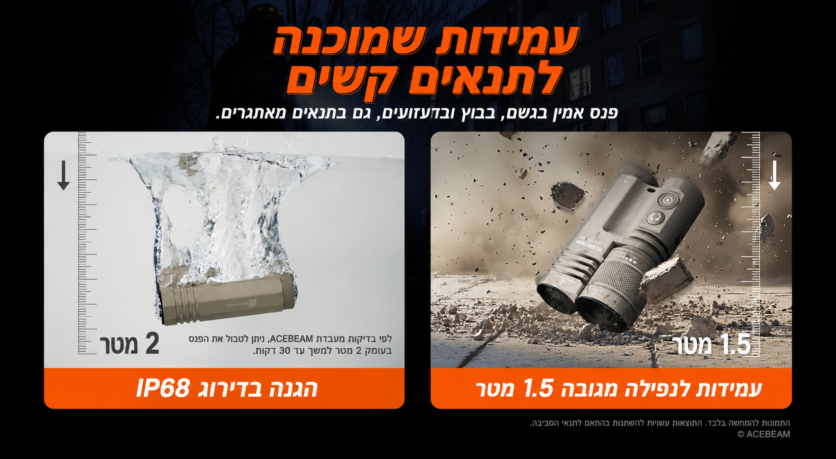 Acebeam M1 – עמידות IP68 ונפילה בעברית