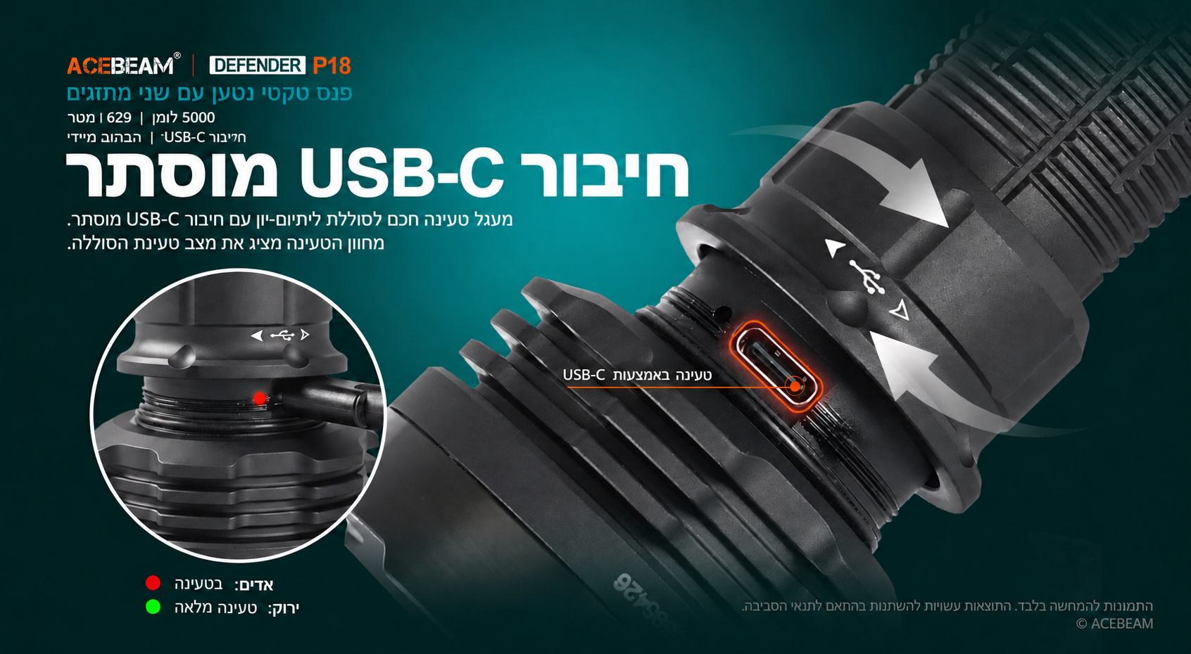 Acebeam P18 – חיבור USB-C ומחוון טעינה בעברית