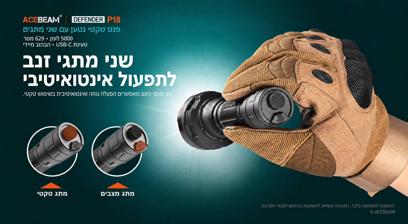 Acebeam P18 – שני מתגי זנב בעברית