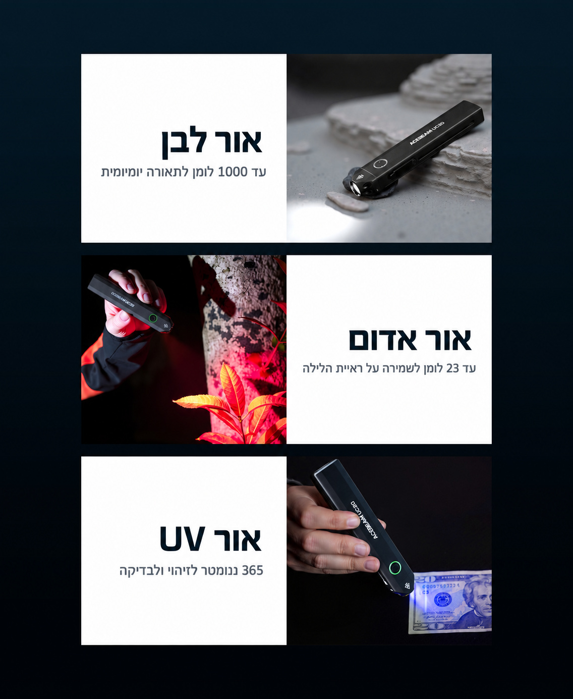 Acebeam UC20 – אור לבן, אור אדום ואור UV בעברית