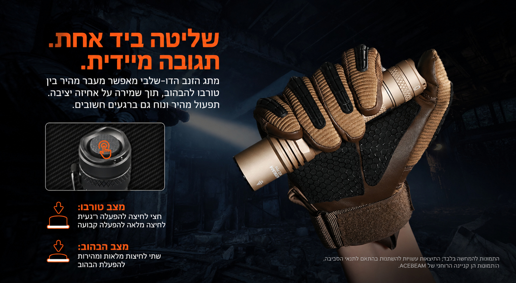 ACEBEAM W10 Pro – תפעול מתג זנב דו שלבי – בעברית