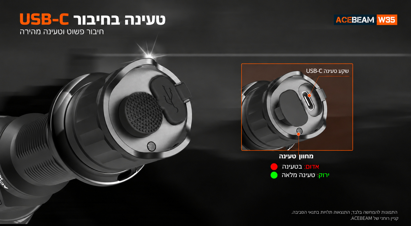 ACEBEAM W35 – טעינת USB-C ומחוון טעינה – בעברית