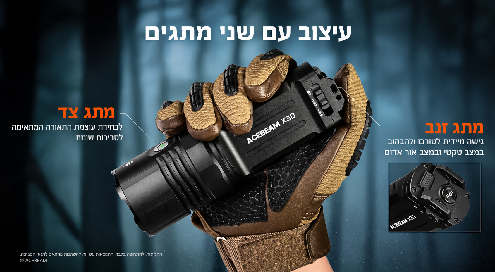 Acebeam X30 – מתג צד ומתג זנב בעברית