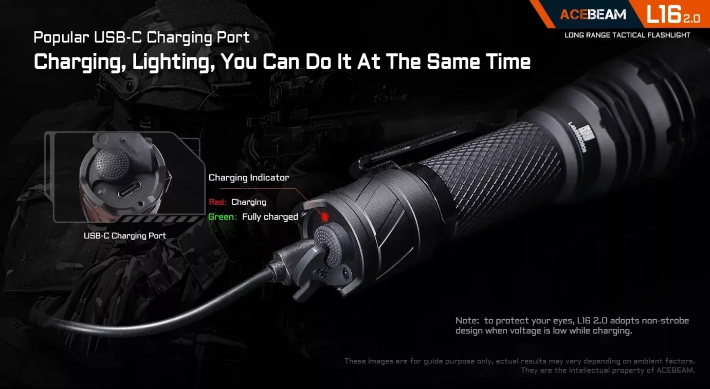 פתח טעינה USB-C המאפשר להאיר והלטעין באותו הזמן את Acebeam L16