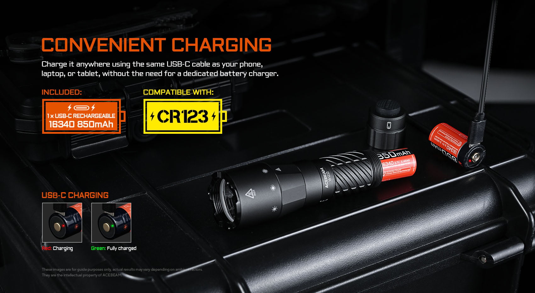 כלול סוללה נטענת 16340 850mAh, מתאים ל CR123. את יכול לטעון את Acebeam W20 LEP בעזרת כבל הטעינה של הטלפון שלך.
