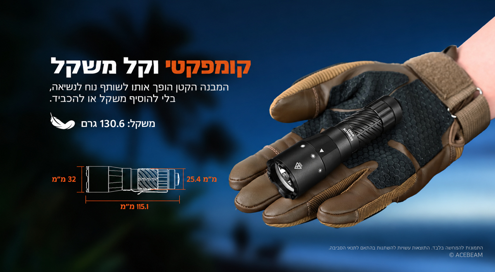 Acebeam W20 – מידות ומשקל בגרמים בעברית