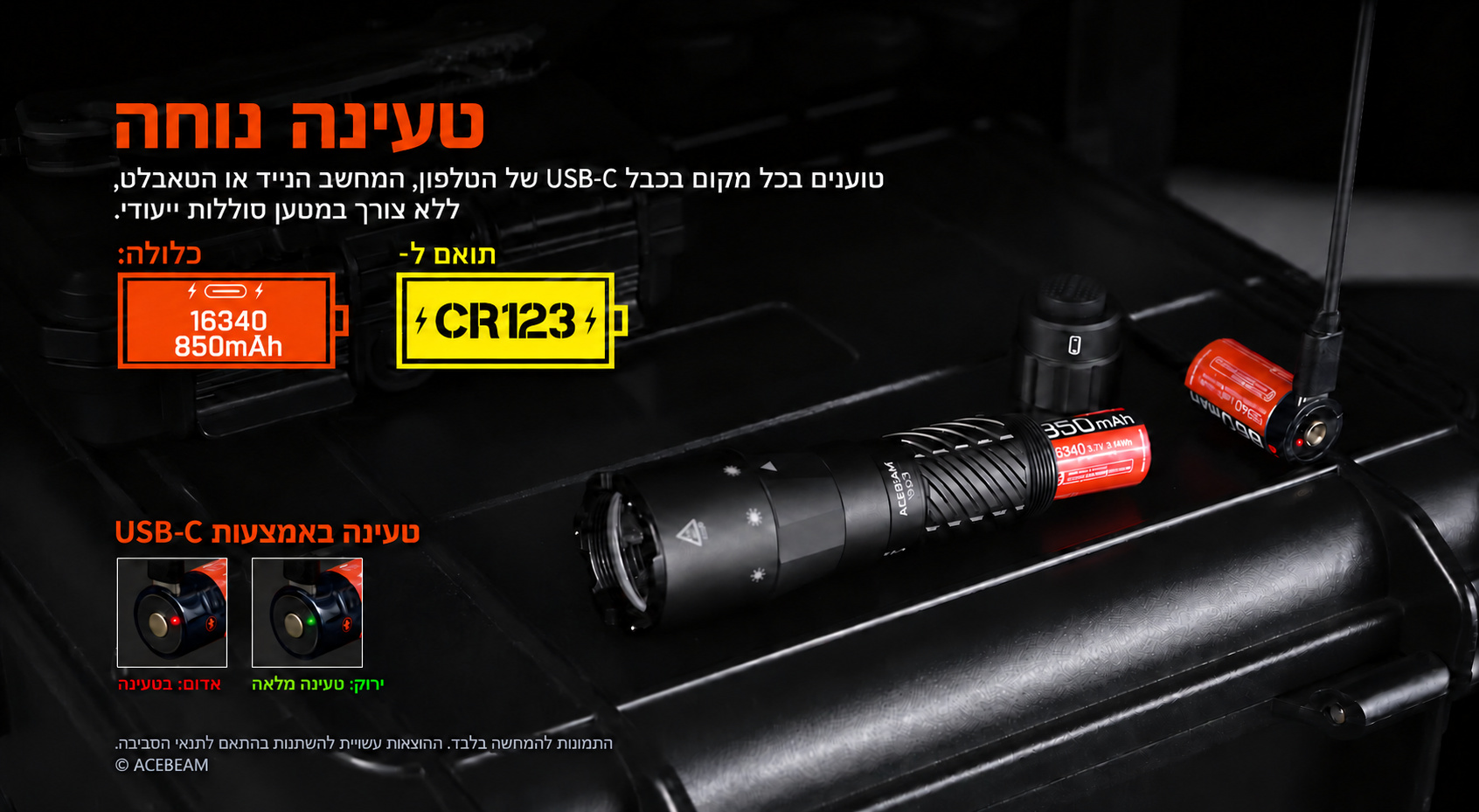 Acebeam W20 – סוללה, טעינה ותאימות CR123 בעברית