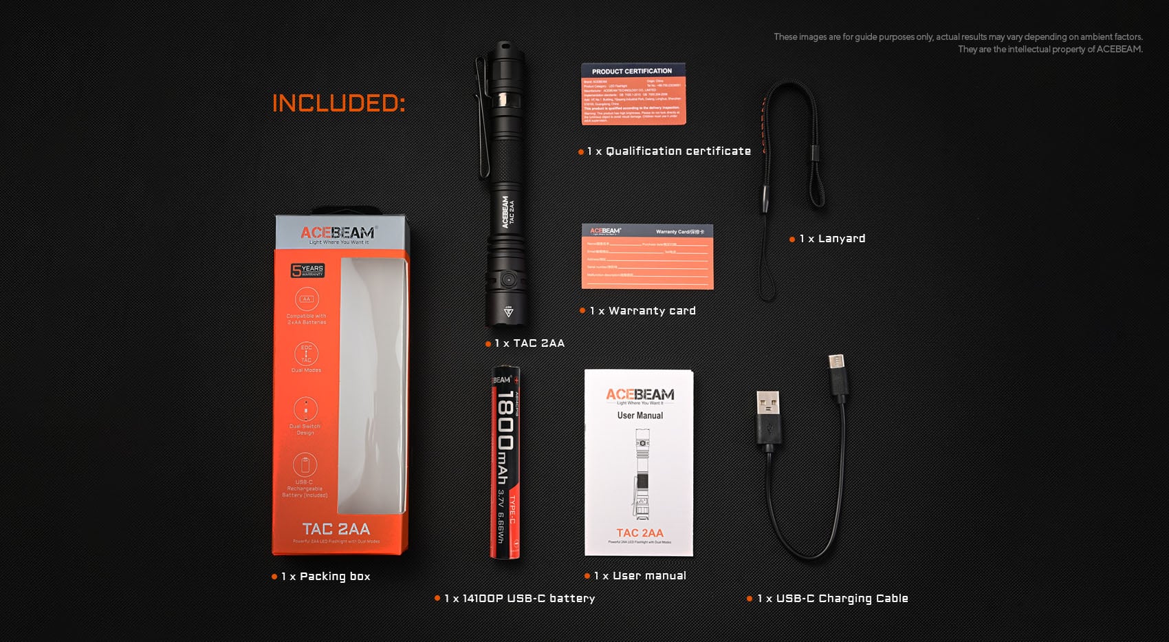 כלול - חבילה, Acebeam TAC 2AA, סוללת 14100P USB-C, כבל הטענה, חוט לאחיזה נוחה, מדריך למשתמש, תעודת אחריות, בקרת איכות