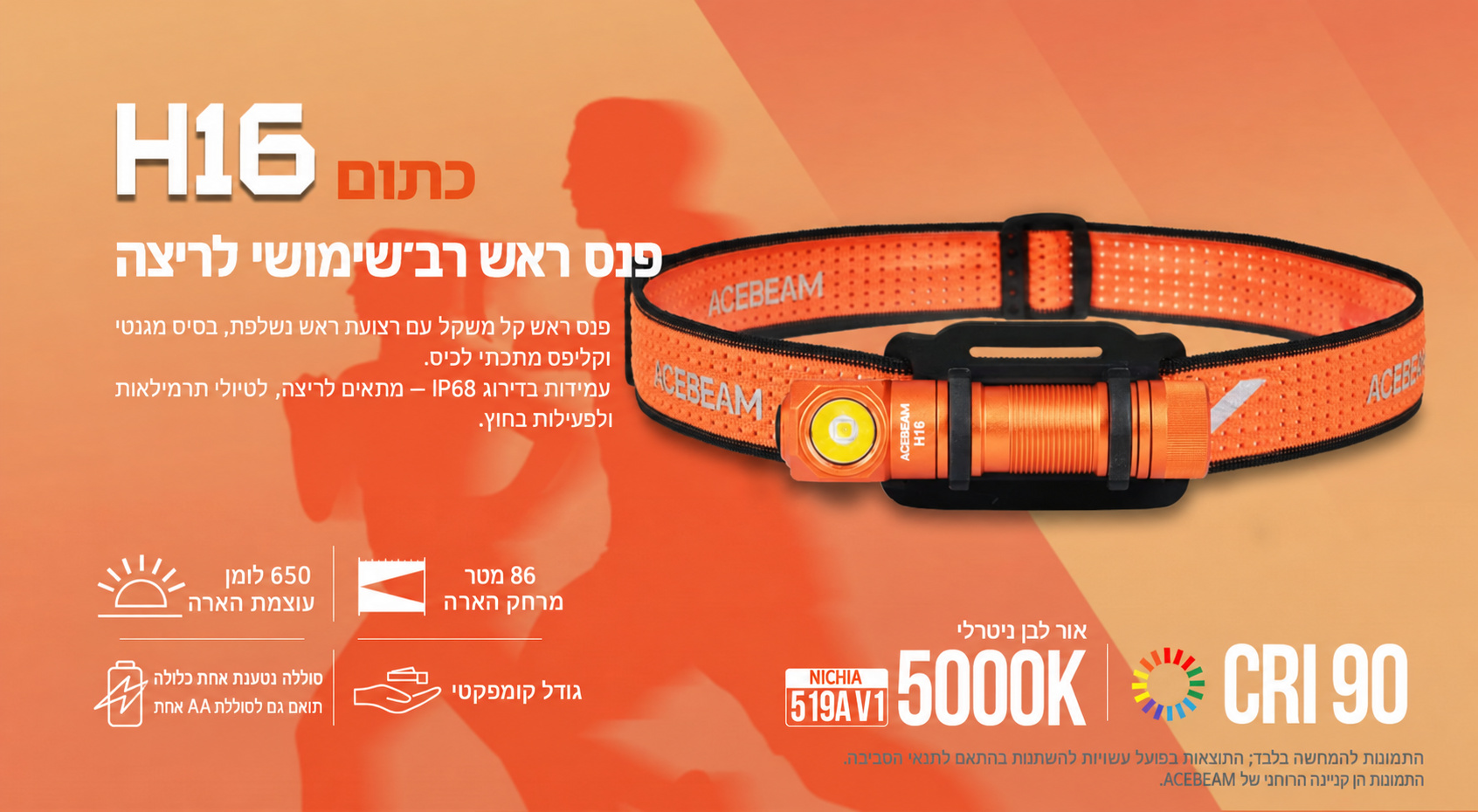 Acebeam H16 כתום – סקירת פנס ראש, עוצמה וטווח בעברית