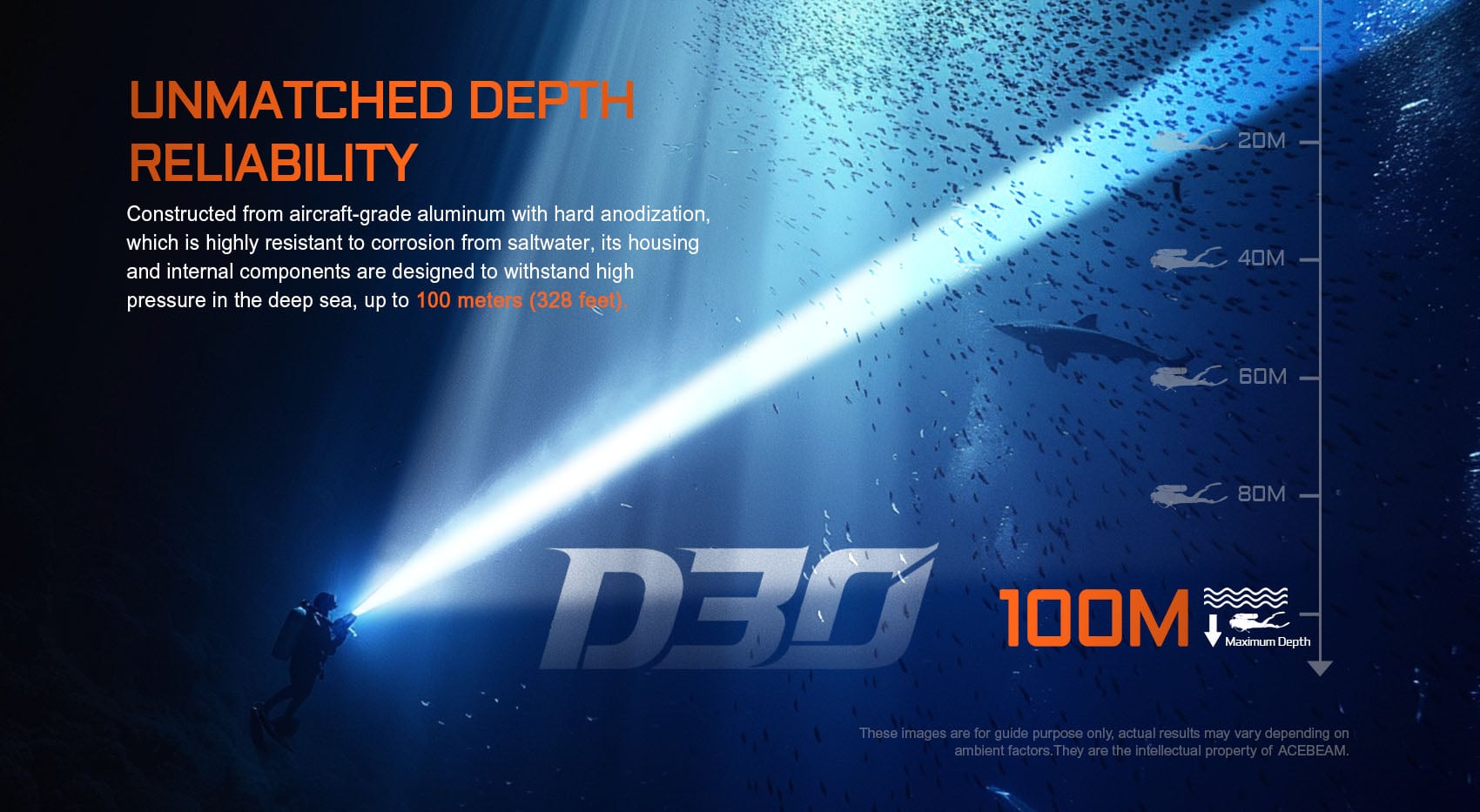 פנס צלילה מקצועי D30- עומק של 100 מטר
