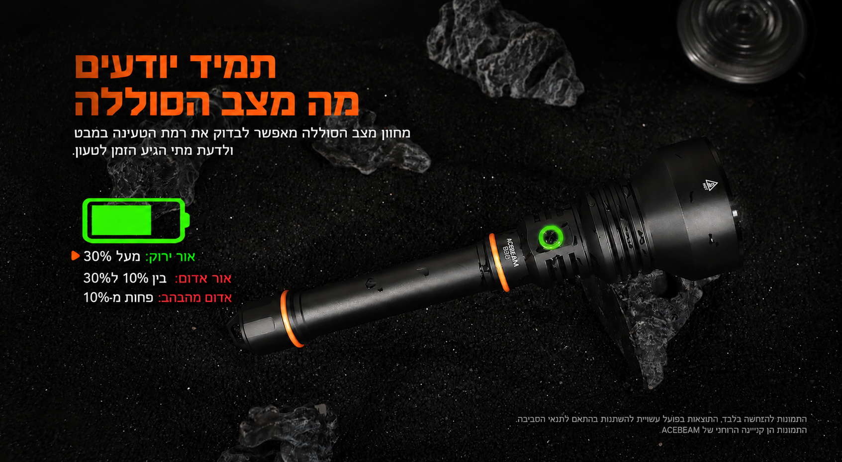 Acebeam D30 – מחוון מצב הסוללה בעברית