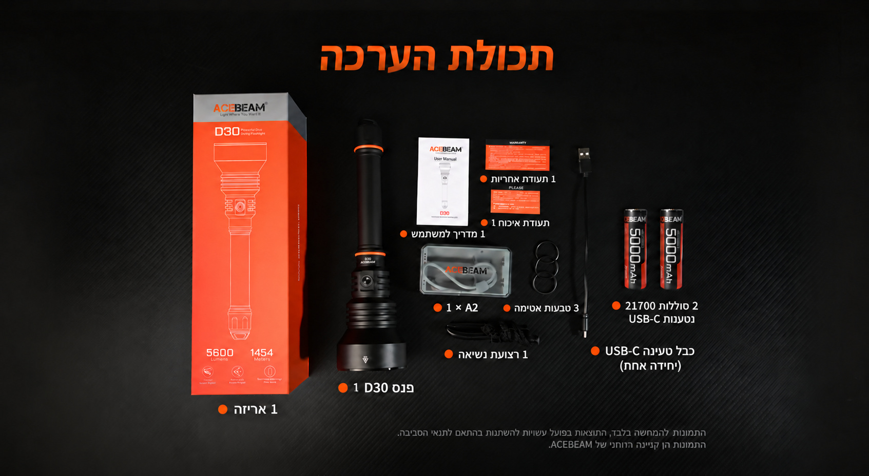 Acebeam D30 – תכולת הערכה בעברית
