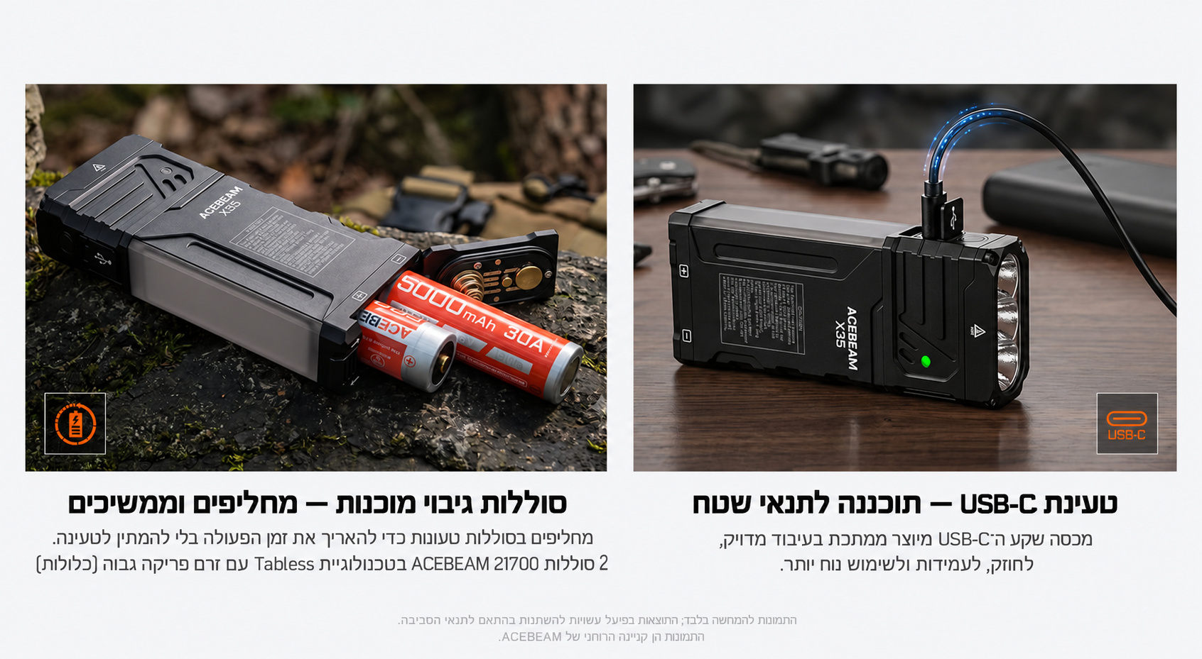 Acebeam X35 – החלפת סוללות וטעינת USB-C בעברית