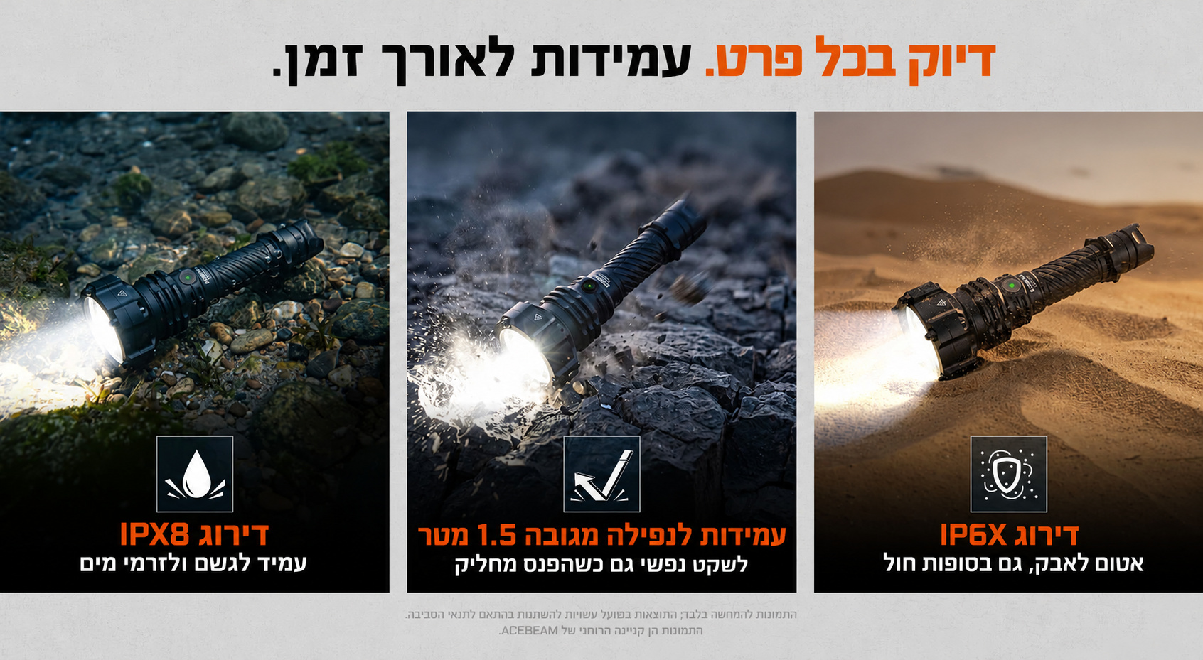 Acebeam P20 Mini – עמידות למים, נפילה ואבק בעברית