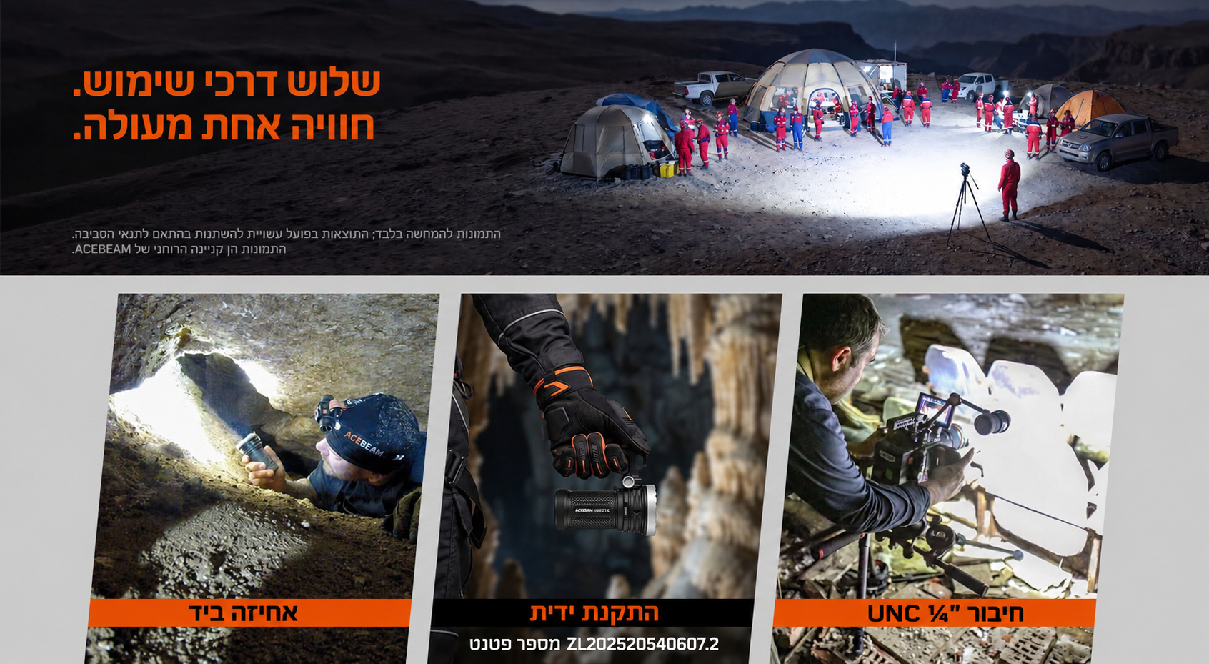 Acebeam X80GT 3 – אחיזה ביד, התקנת ידית וחיבור UNC רבע אינץ׳, כיתוב בעברית